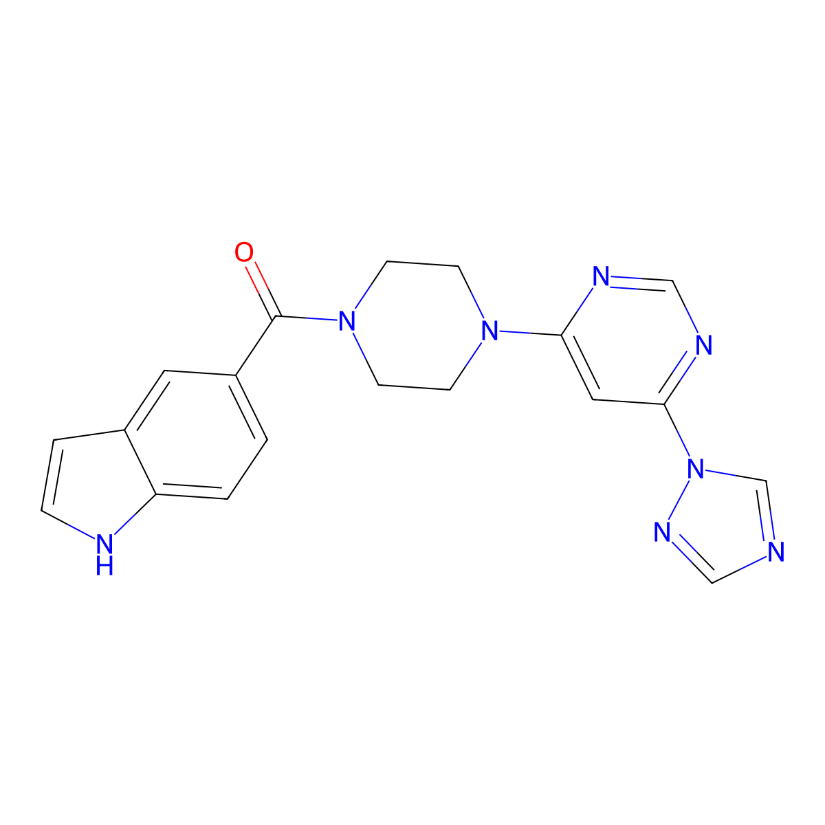 (4-(6-(1H-1,2,4-triazol-1-yl)pyrimidin-4-yl)piperazin-1-yl)(1H-indol-5-yl)methanone molecular structure, CAS 1788949-04-1