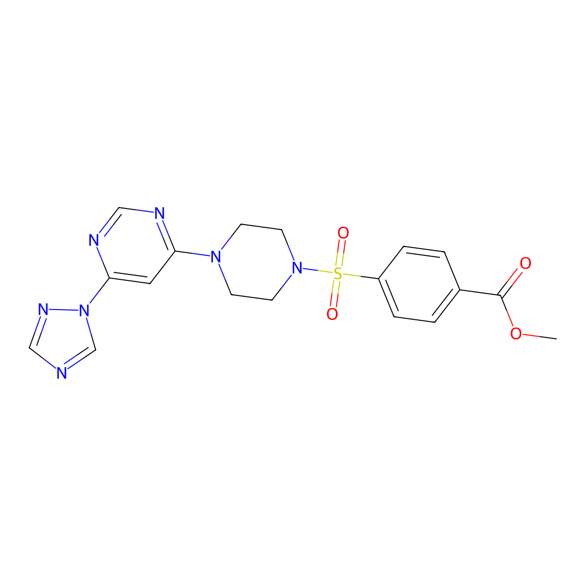 methyl 4-({4-[6-(1H-1,2,4-triazol-1-yl)pyrimidin-4-yl]piperazin-1-yl}sulfonyl)benzoate molecular structure, CAS 1788949-46-1