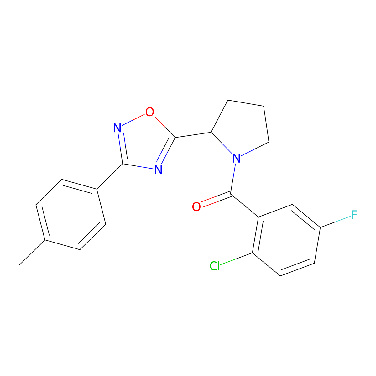 5-[1-(2-Chloro-5-fluorobenzoyl)pyrrolidin-2-yl]-3-(4-methylphenyl)-1,2,4-oxadiazole molecular structure, CAS 1788979-03-2