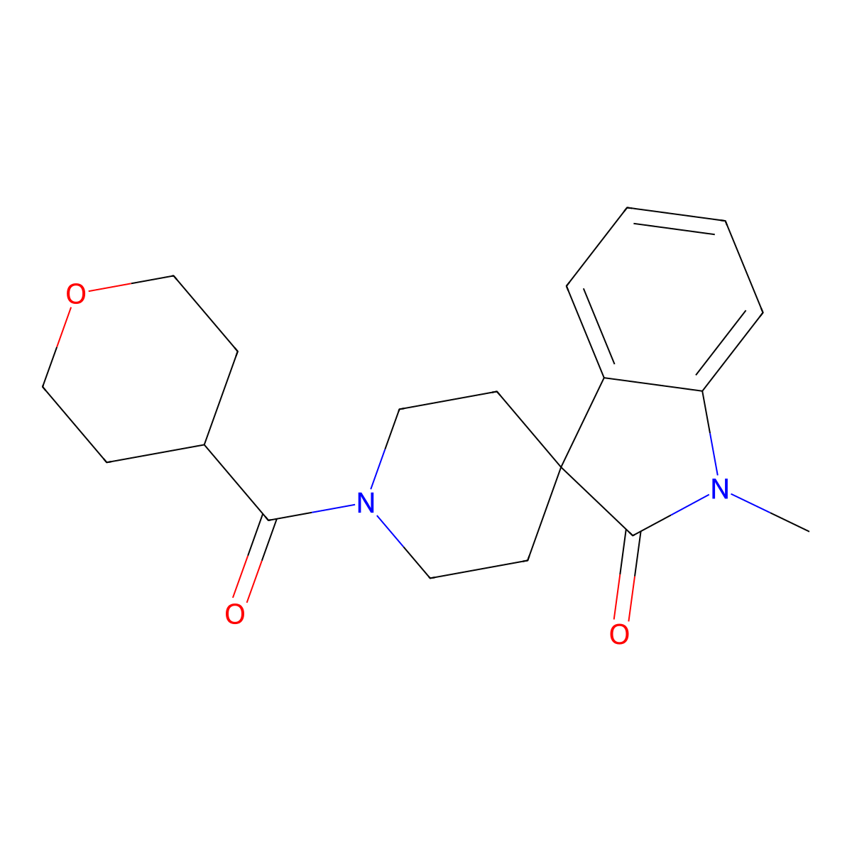 1-methyl-1'-(tetrahydro-2H-pyran-4-carbonyl)spiro[indoline-3,4'-piperidin]-2-one molecular structure, CAS 1789029-71-5