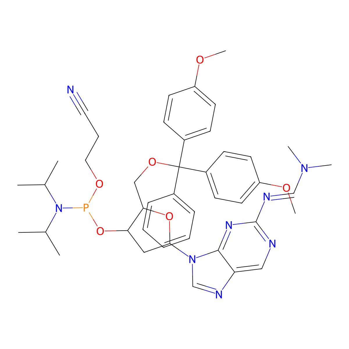 N'-[9-[5-[[bis(4-methoxyphenyl)-phenylmethoxy]methyl]-4-[2-cyanoethoxy-[di(propan-2-yl)amino]phosphanyl]oxyoxolan-2-yl]purin-2-yl]-N,N-dimethylmethanimidamide molecular structure, CAS 178925-41-2
