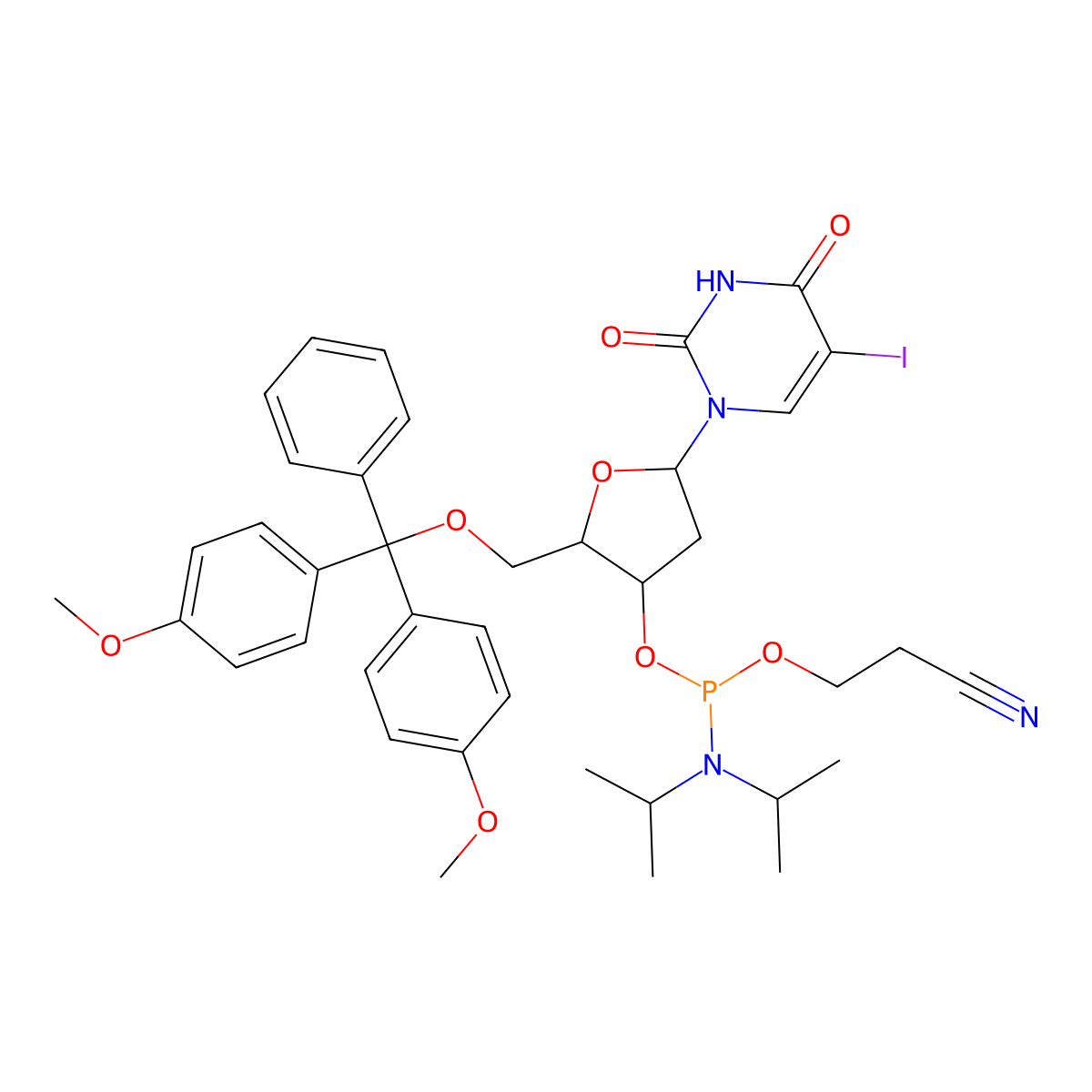 3-[[(2R,3S,5R)-2-[[bis(4-methoxyphenyl)-phenylmethoxy]methyl]-5-(5-iodo-2,4-dioxopyrimidin-1-yl)oxolan-3-yl]oxy-[di(propan-2-yl)amino]phosphanyl]oxypropanenitrile molecular structure, CAS 178925-48-9