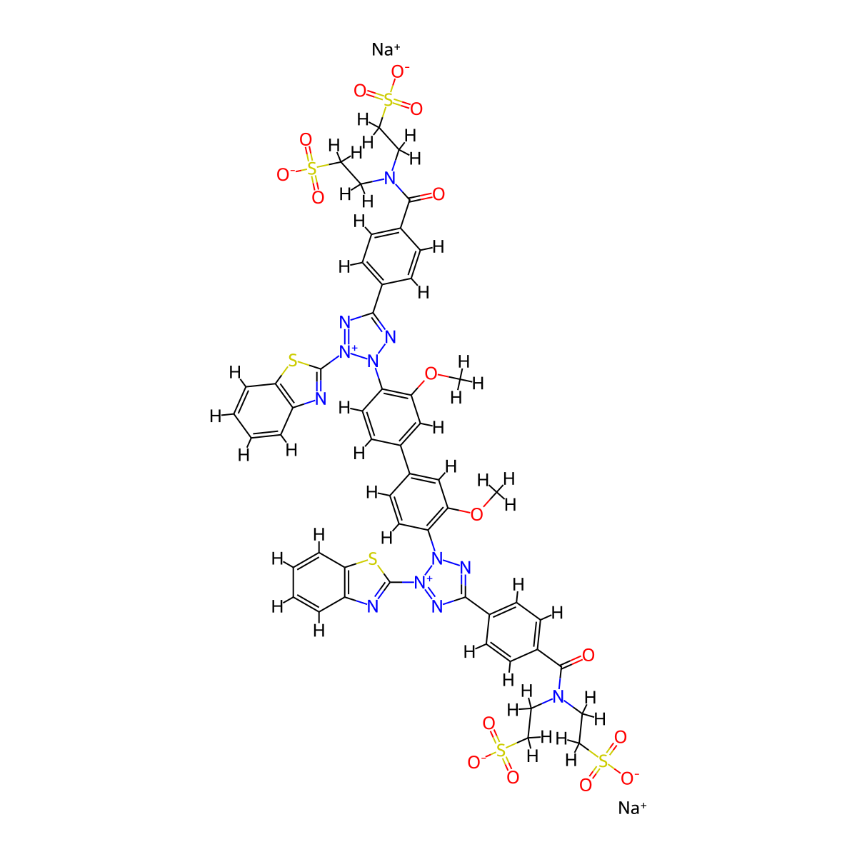 Disodium;2-[[4-[2-(1,3-benzothiazol-2-yl)-3-[4-[4-[3-(1,3-benzothiazol-2-yl)-5-[4-[bis(2-sulfonatoethyl)carbamoyl]phenyl]tetrazol-2-ium-2-yl]-3-methoxyphenyl]-2-methoxyphenyl]tetrazol-3-ium-5-yl]benzoyl]-(2-sulfonatoethyl)amino]ethanesulfonate molecular structure, CAS 178925-55-8