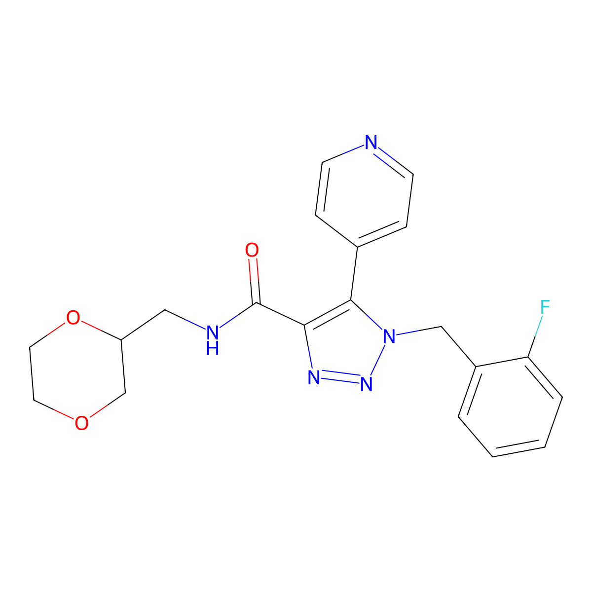 N-(1,4-dioxan-2-ylmethyl)-1-(2-fluorobenzyl)-5-pyridin-4-yl-1H-1,2,3-triazole-4-carboxamide molecular structure, CAS 1790196-47-2