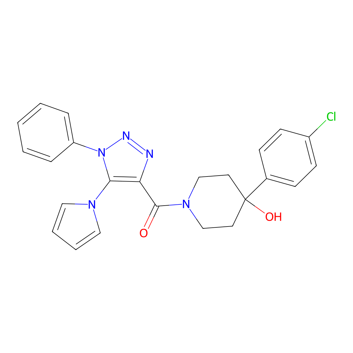 (4-(4-chlorophenyl)-4-hydroxypiperidin-1-yl)(1-phenyl-5-(1H-pyrrol-1-yl)-1H-1,2,3-triazol-4-yl)methanone molecular structure, CAS 1790196-75-6