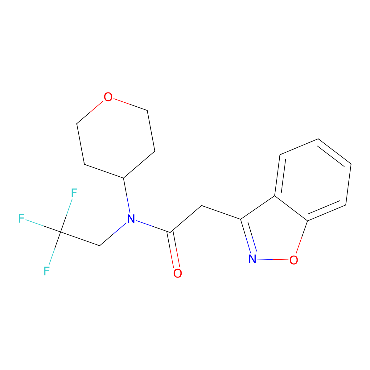 2-(1,2-benzoxazol-3-yl)-N-(oxan-4-yl)-N-(2,2,2-trifluoroethyl)acetamide molecular structure, CAS 1790197-09-9