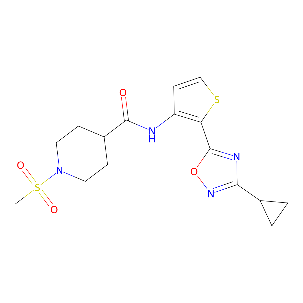 N-(2-(3-cyclopropyl-1,2,4-oxadiazol-5-yl)thiophen-3-yl)-1-(methylsulfonyl)piperidine-4-carboxamide molecular structure, CAS 1790197-57-7