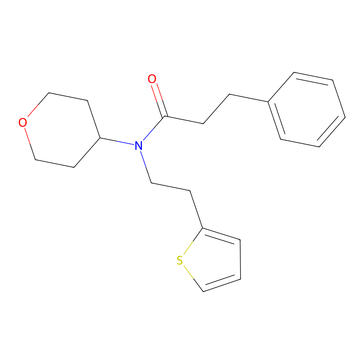 3-phenyl-N-(tetrahydro-2H-pyran-4-yl)-N-(2-(thiophen-2-yl)ethyl)propanamide molecular structure, CAS 1790197-81-7