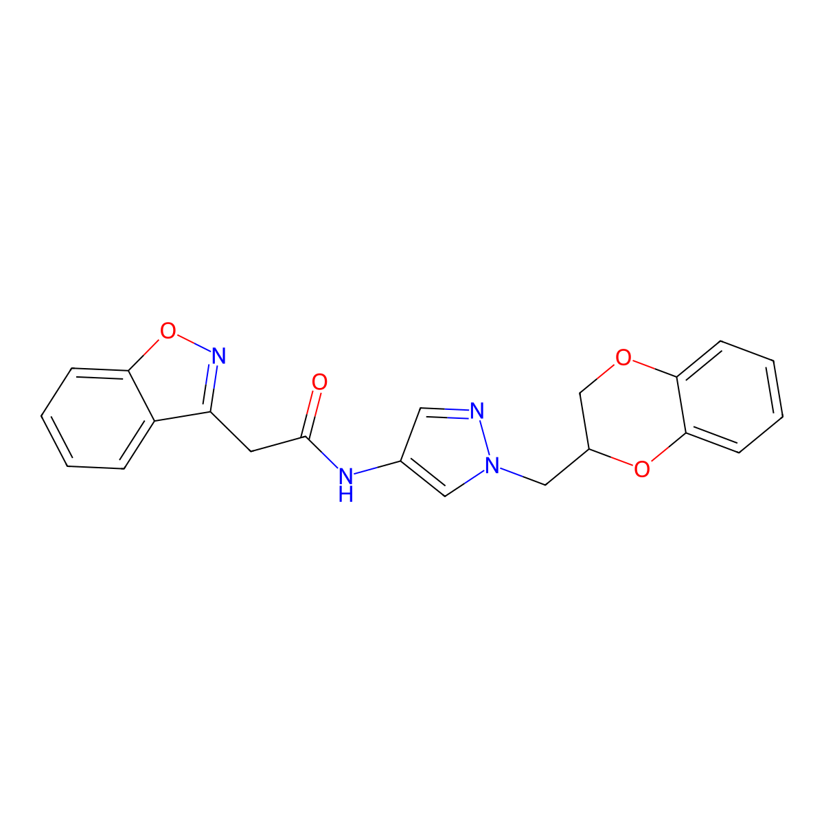 2-(benzo[d]isoxazol-3-yl)-N-(1-((2,3-dihydrobenzo[b][1,4]dioxin-2-yl)methyl)-1H-pyrazol-4-yl)acetamide molecular structure, CAS 1790197-88-4