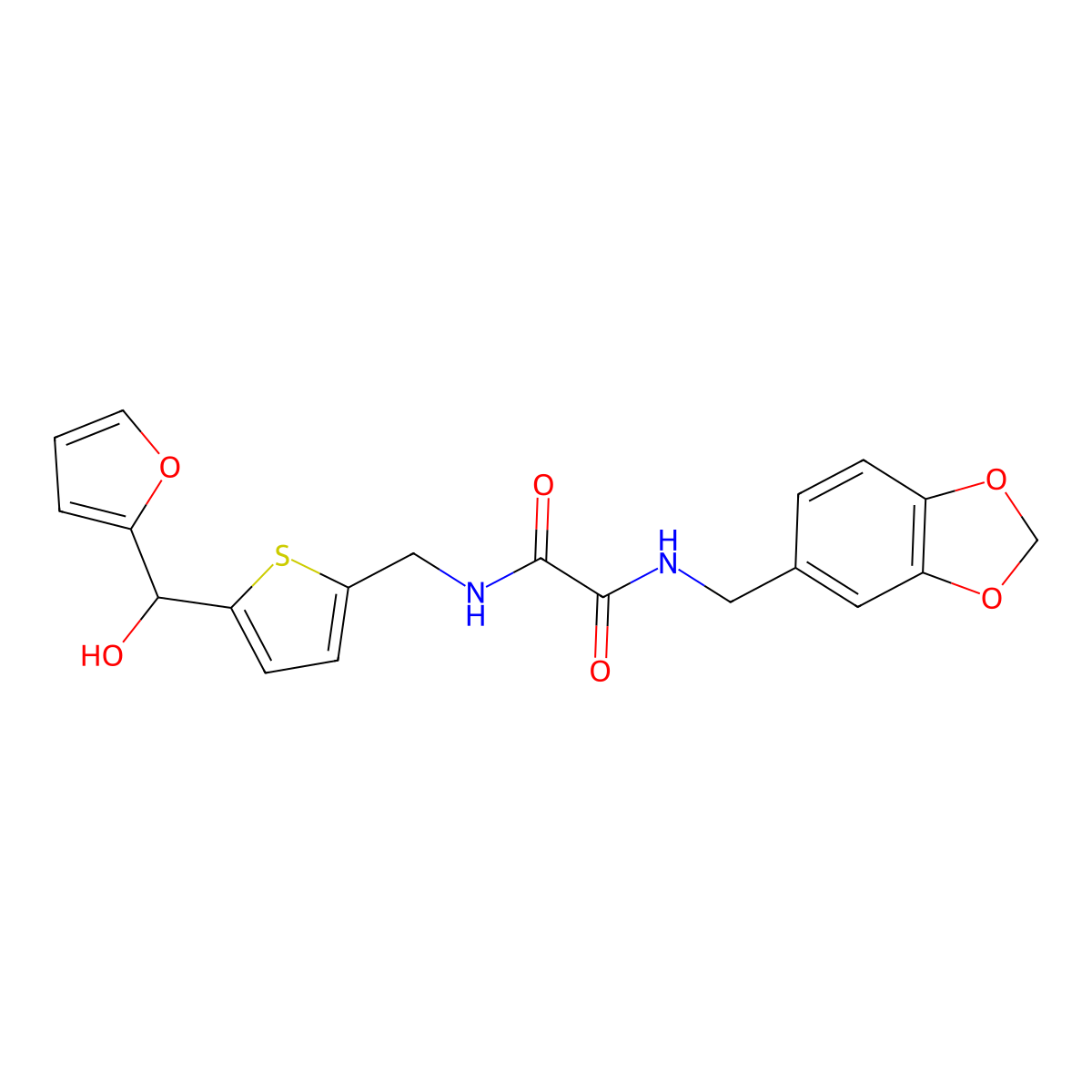 N1-(benzo[d][1,3]dioxol-5-ylmethyl)-N2-((5-(furan-2-yl(hydroxy)methyl)thiophen-2-yl)methyl)oxalamide molecular structure, CAS 1790198-00-3