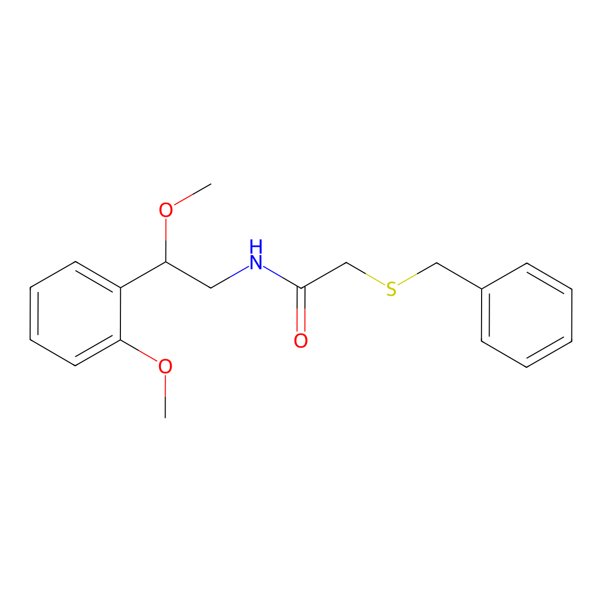 2-(benzylthio)-N-(2-methoxy-2-(2-methoxyphenyl)ethyl)acetamide molecular structure, CAS 1790198-03-6