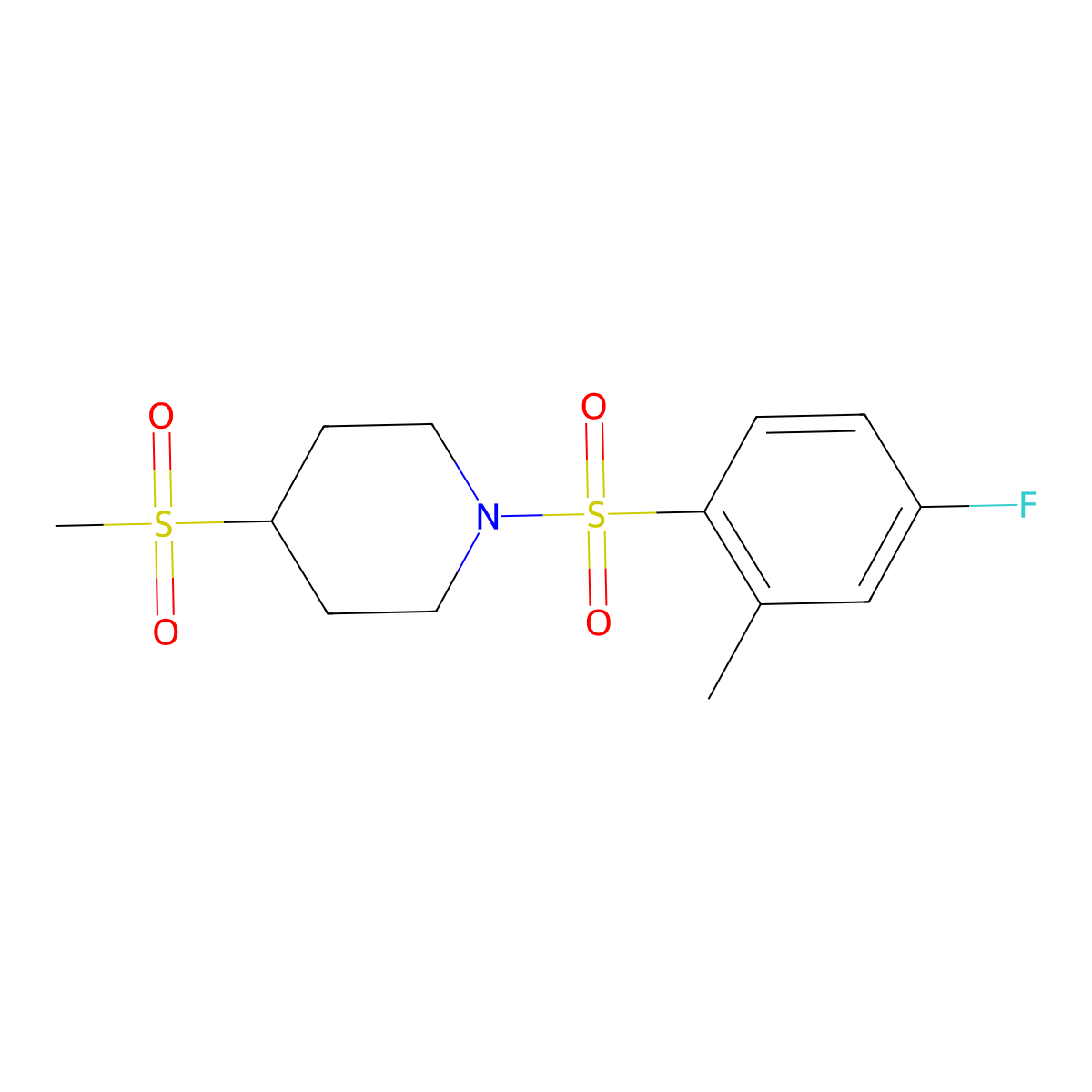 1-((4-Fluoro-2-methylphenyl)sulfonyl)-4-(methylsulfonyl)piperidine molecular structure, CAS 1790198-21-8