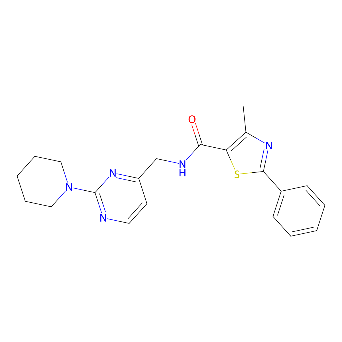 4-methyl-2-phenyl-N-((2-(piperidin-1-yl)pyrimidin-4-yl)methyl)thiazole-5-carboxamide molecular structure, CAS 1790199-71-1