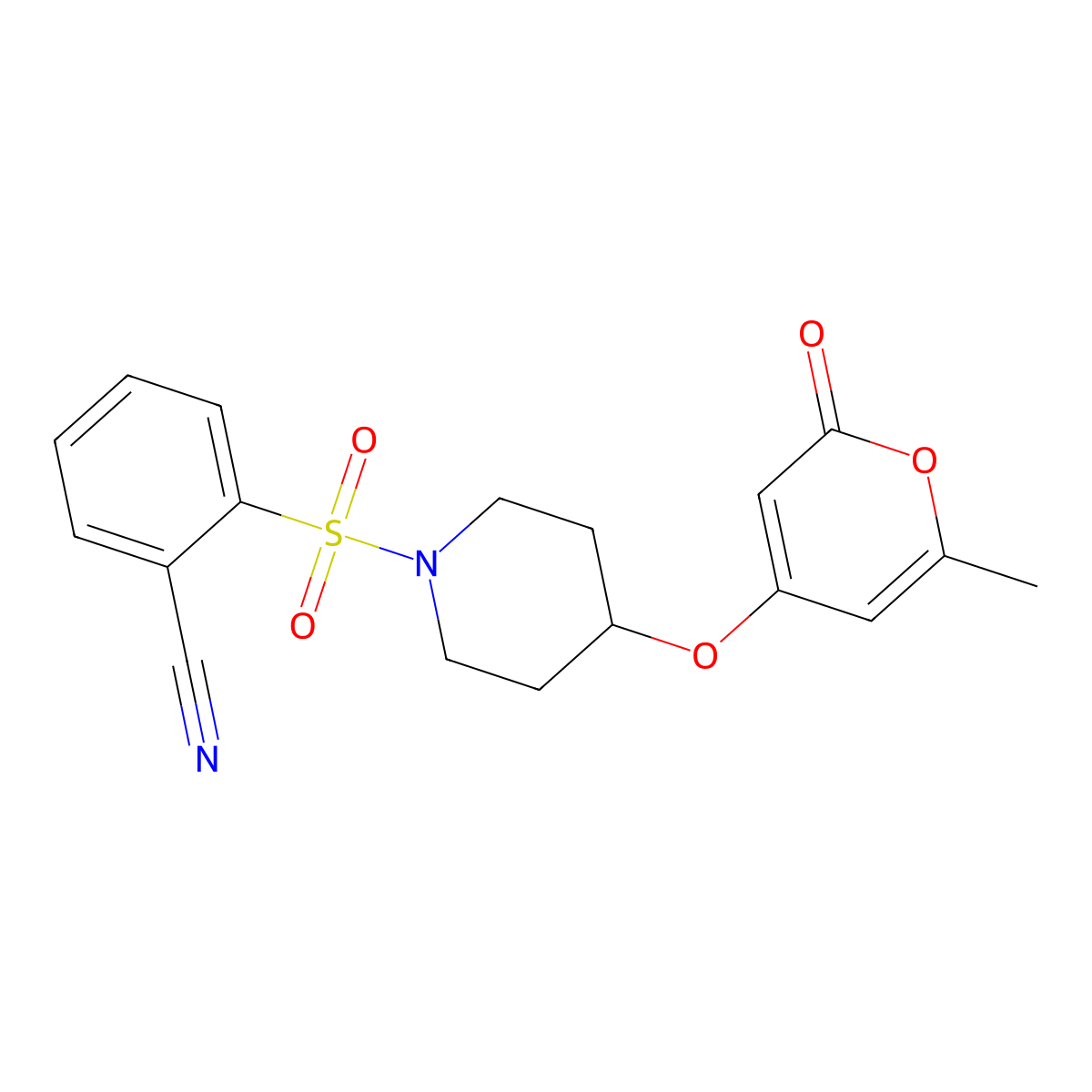 2-((4-((6-methyl-2-oxo-2H-pyran-4-yl)oxy)piperidin-1-yl)sulfonyl)benzonitrile molecular structure, CAS 1790201-01-2