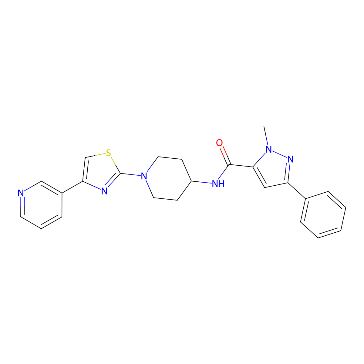 1-methyl-3-phenyl-N-(1-(4-(pyridin-3-yl)thiazol-2-yl)piperidin-4-yl)-1H-pyrazole-5-carboxamide molecular structure, CAS 1790201-86-3
