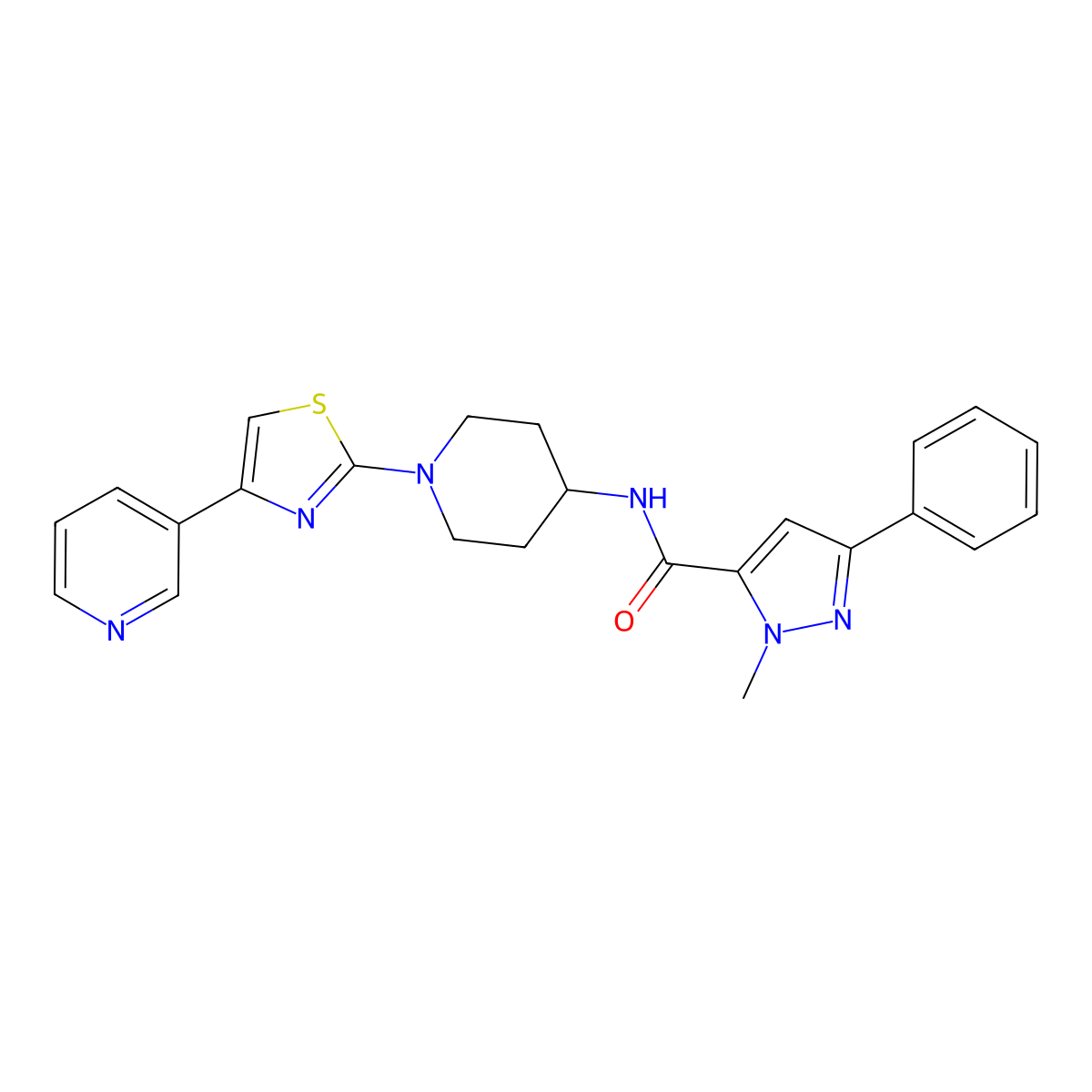 1-methyl-3-phenyl-N-(1-(4-(pyridin-3-yl)thiazol-2-yl)piperidin-4-yl)-1H-pyrazole-5-carboxamide molecular structure, CAS 1790201-86-3