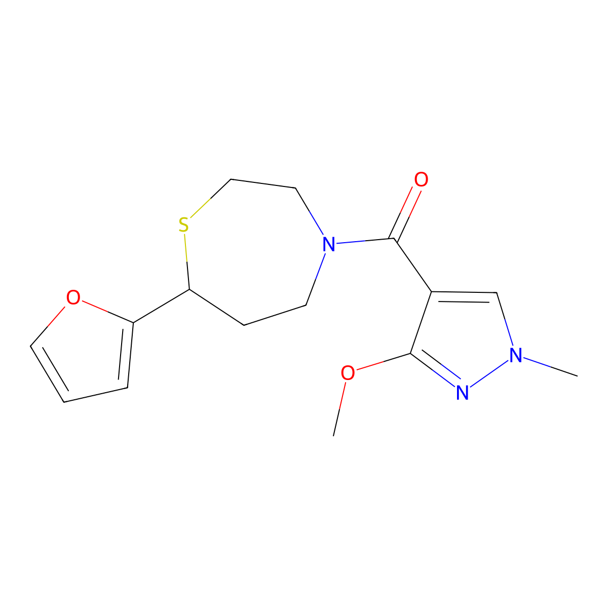 (7-(furan-2-yl)-1,4-thiazepan-4-yl)(3-methoxy-1-methyl-1H-pyrazol-4-yl)methanone molecular structure, CAS 1790202-96-8