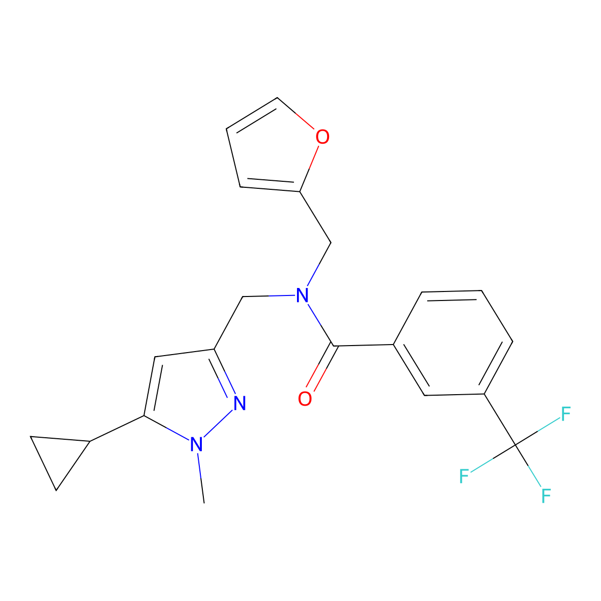 N-((5-cyclopropyl-1-methyl-1H-pyrazol-3-yl)methyl)-N-(furan-2-ylmethyl)-3-(trifluoromethyl)benzamide molecular structure, CAS 1790203-30-3