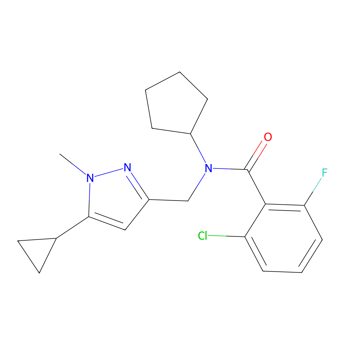2-chloro-N-cyclopentyl-N-[(5-cyclopropyl-1-methyl-1H-pyrazol-3-yl)methyl]-6-fluorobenzamide molecular structure, CAS 1790203-49-4