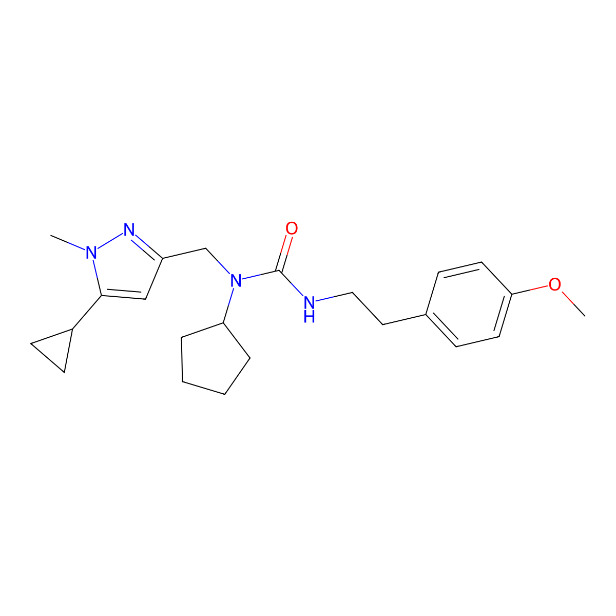 1-cyclopentyl-1-((5-cyclopropyl-1-methyl-1H-pyrazol-3-yl)methyl)-3-(4-methoxyphenethyl)urea molecular structure, CAS 1790203-60-9