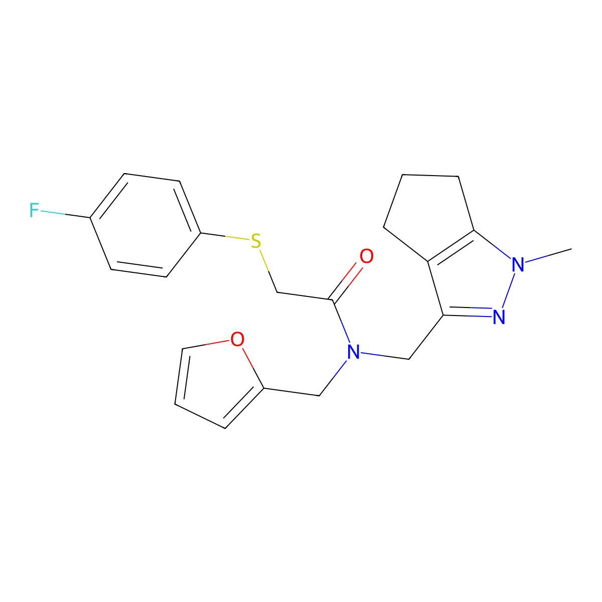2-((4-fluorophenyl)thio)-N-(furan-2-ylmethyl)-N-((1-methyl-1,4,5,6-tetrahydrocyclopenta[c]pyrazol-3-yl)methyl)acetamide molecular structure, CAS 1790203-87-0