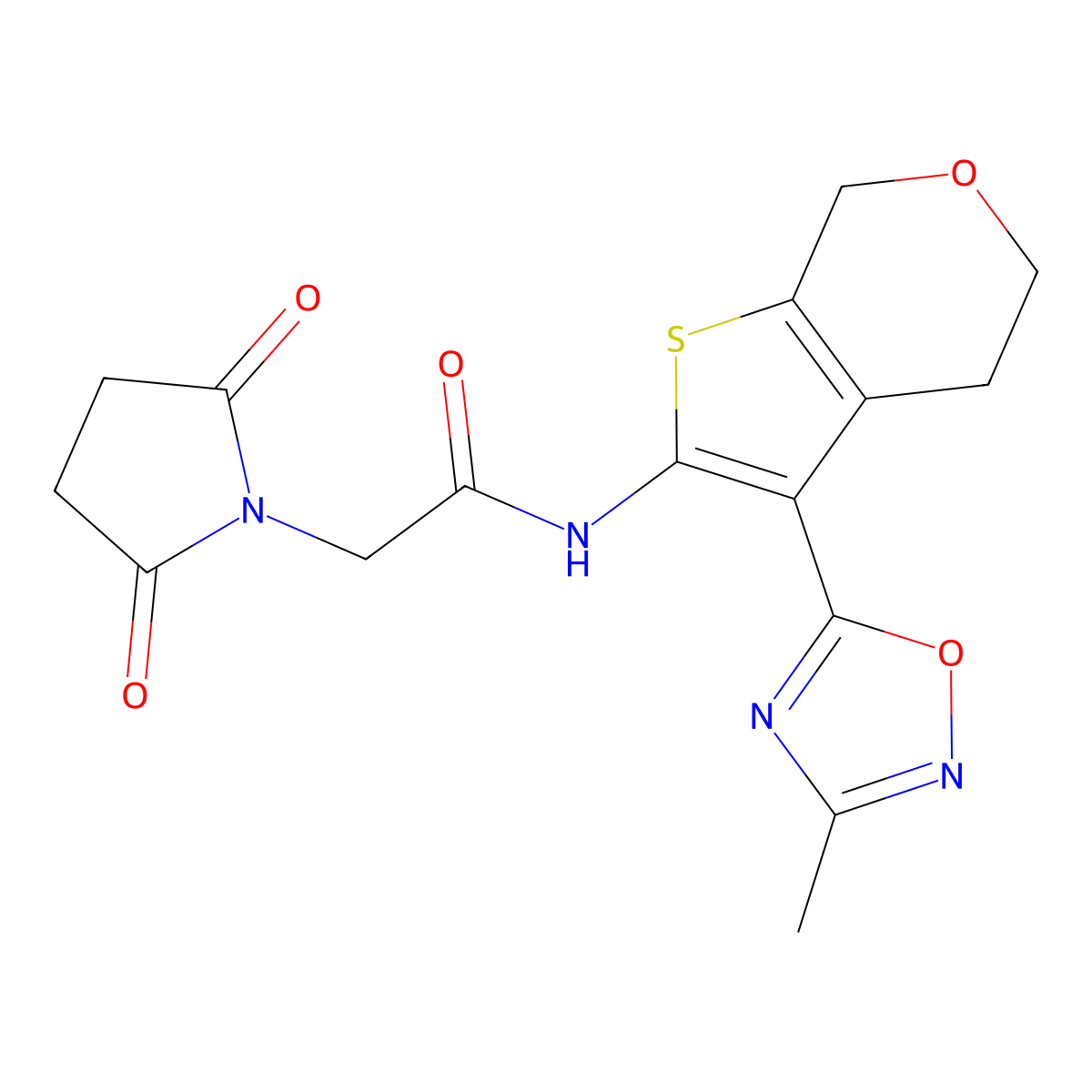2-(2,5-dioxopyrrolidin-1-yl)-N-(3-(3-methyl-1,2,4-oxadiazol-5-yl)-5,7-dihydro-4H-thieno[2,3-c]pyran-2-yl)acetamide molecular structure, CAS 1790210-41-1