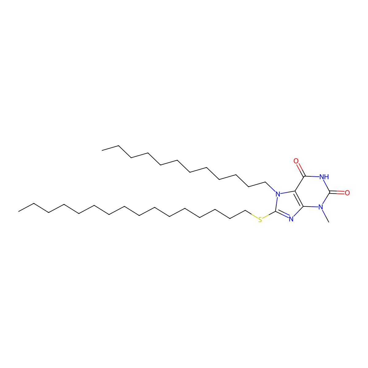 7-dodecyl-8-(hexadecylsulfanyl)-3-methyl-2,3,6,7-tetrahydro-1H-purine-2,6-dione molecular structure, CAS 1790210-66-0