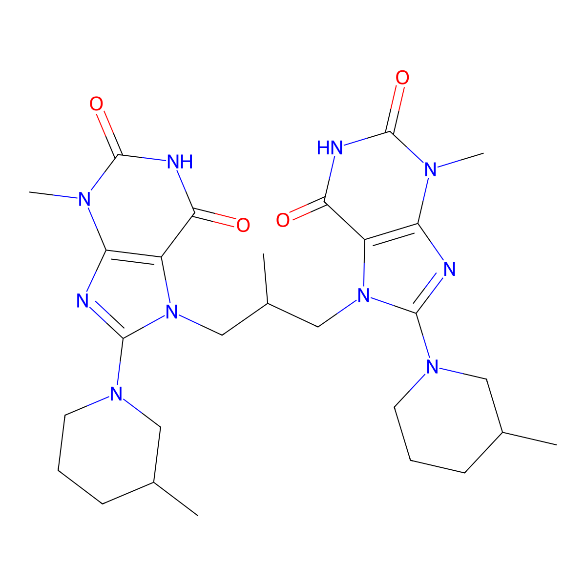 3-methyl-7-(2-{[3-methyl-8-(3-methylpiperidin-1-yl)-2,6-dioxo-2,3,6,7-tetrahydro-1H-purin-7-yl]methyl}propyl)-8-(3-methylpiperidin-1-yl)-2,3,6,7-tetrahydro-1H-purine-2,6-dione molecular structure, CAS 1790210-74-0