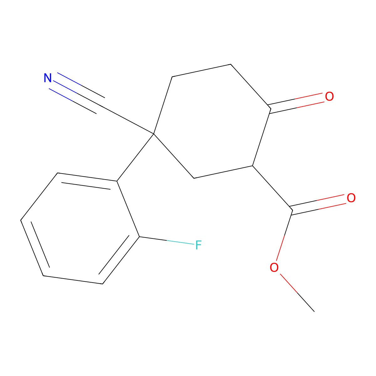 Methyl 5-cyano-5-(2-fluorophenyl)-2-oxocyclohexanecarboxylate molecular structure, CAS 179064-48-3