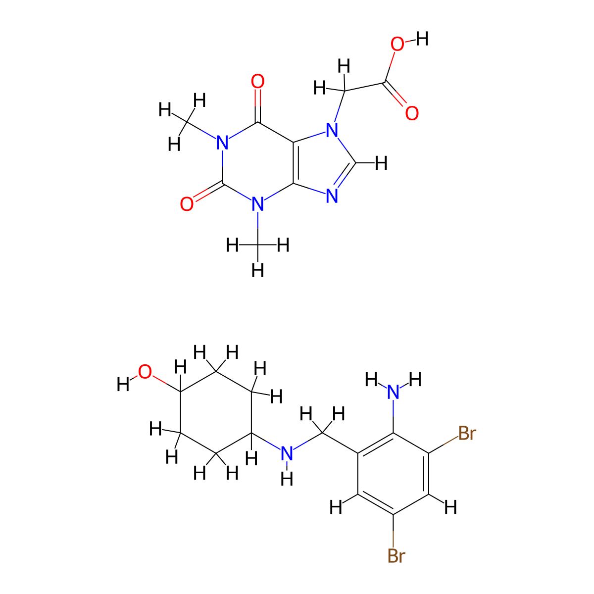 (1,3-Dimethyl-2,6-dioxo-1,2,3,6-tetrahydro-7H-purin-7-yl)acetic acid--4-(((2-amino-3,5-dibromophenyl)methyl)amino)cyclohexan-1-ol (1/1) molecular structure, CAS 179118-73-1