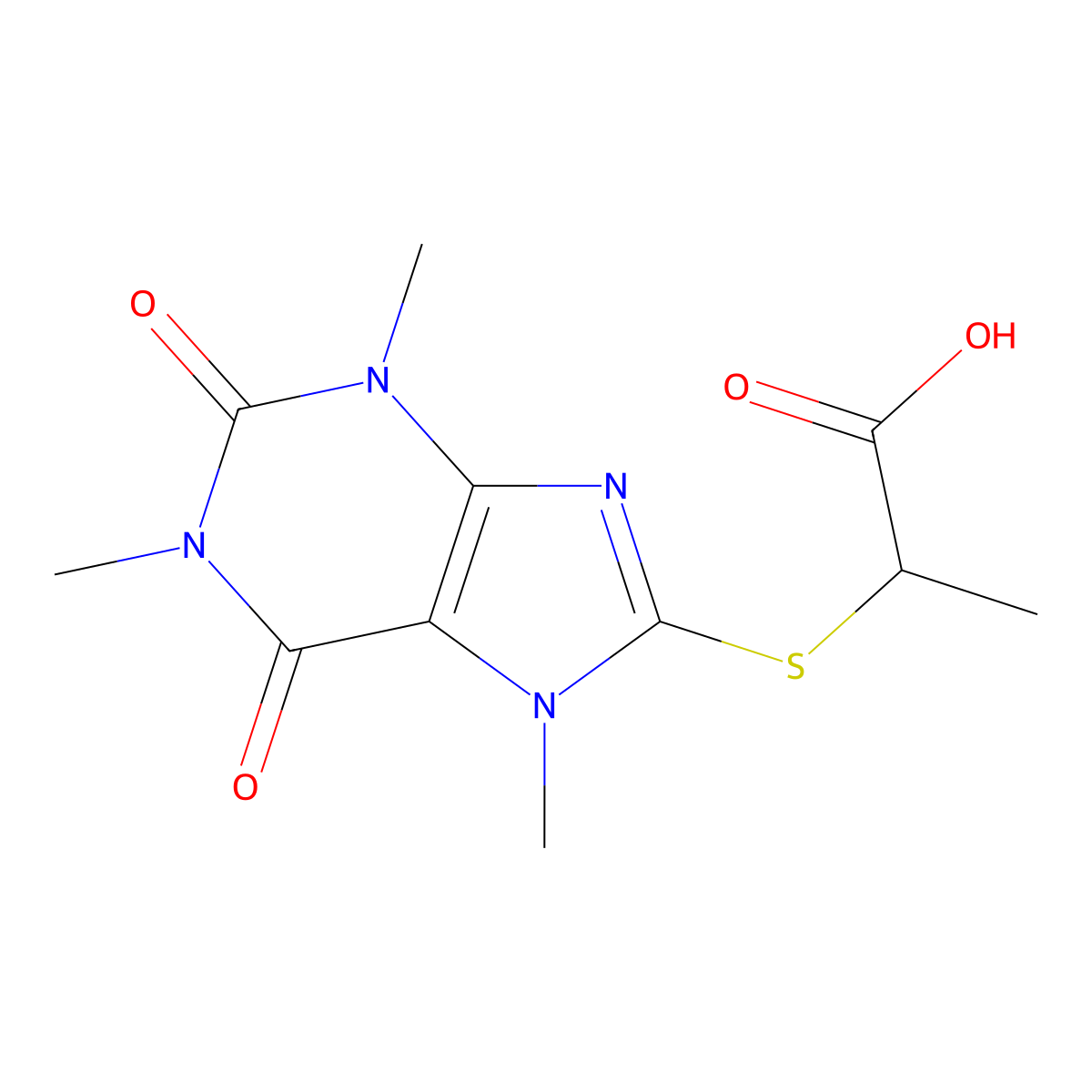 2-((1,3,7-trimethyl-2,6-dioxo-2,3,6,7-tetrahydro-1H-purin-8-yl)thio)propanoic acid molecular structure, CAS 17915-56-9