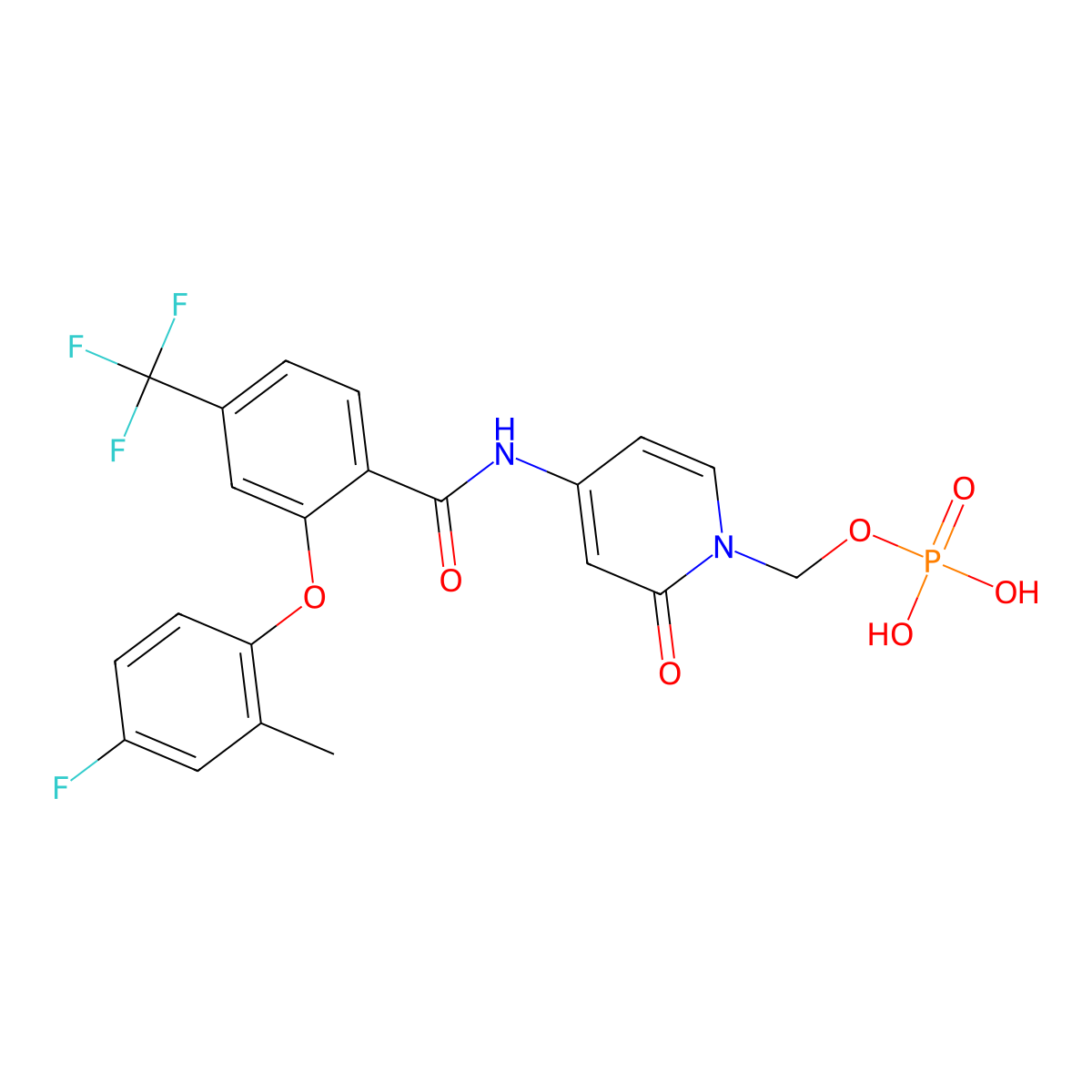 (4-(2-(4-fluoro-2-methylphenoxy)-4-(trifluoromethyl)benzamido)-2-oxopyridin-1(2H)-yl)methyl dihydrogen phosphate molecular structure, CAS 1793080-72-4