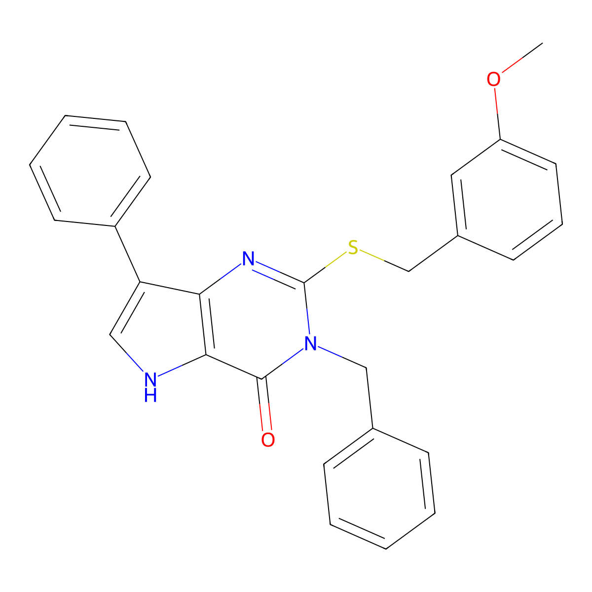 3-benzyl-2-((3-methoxybenzyl)thio)-7-phenyl-3H-pyrrolo[3,2-d]pyrimidin-4(5H)-one molecular structure, CAS 1793110-51-6