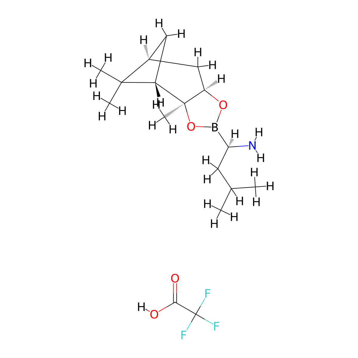 4,6-Methano-1,3,2-benzodioxaborole-2-methanamine, hexahydro-3a,8,8-trimethyl-alpha-(2-methylpropyl)-, (alphaR,3aS,4S,6S,7aR)-, 2,2,2-trifluoroacetate (1:1) molecular structure, CAS 179324-87-9