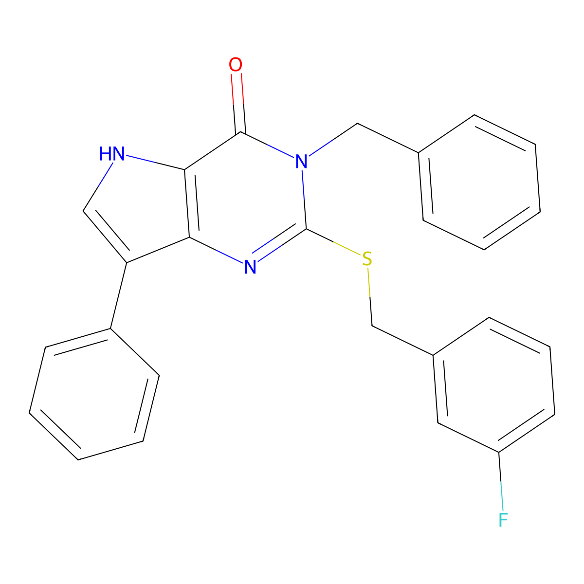 3-benzyl-2-((3-fluorobenzyl)thio)-7-phenyl-3H-pyrrolo[3,2-d]pyrimidin-4(5H)-one molecular structure, CAS 1793845-91-6