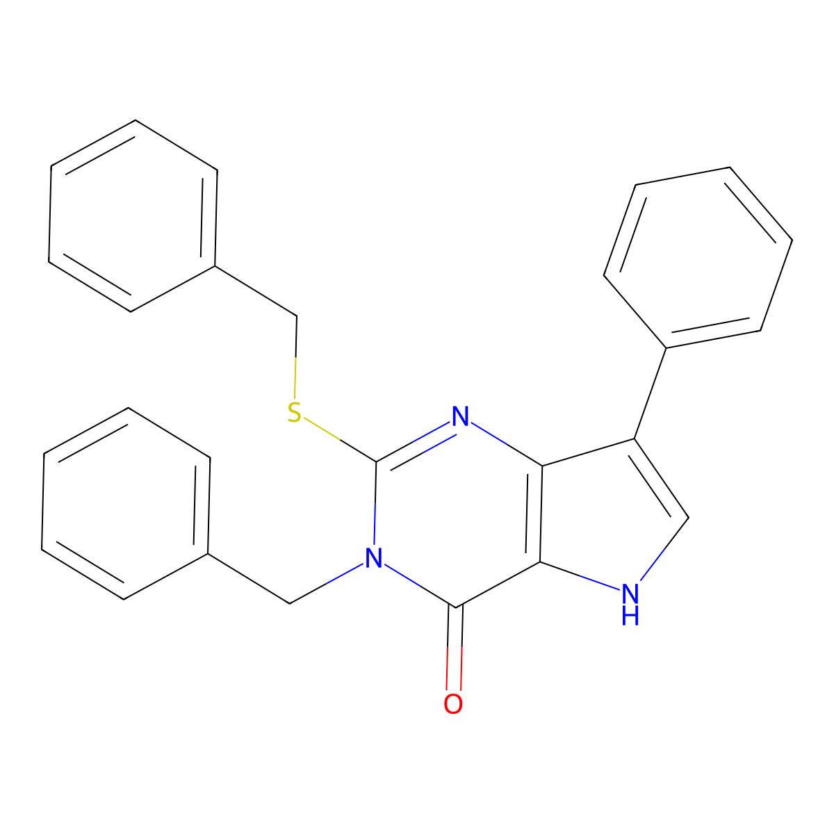 3-benzyl-2-(benzylthio)-7-phenyl-3H-pyrrolo[3,2-d]pyrimidin-4(5H)-one molecular structure, CAS 1793854-28-0
