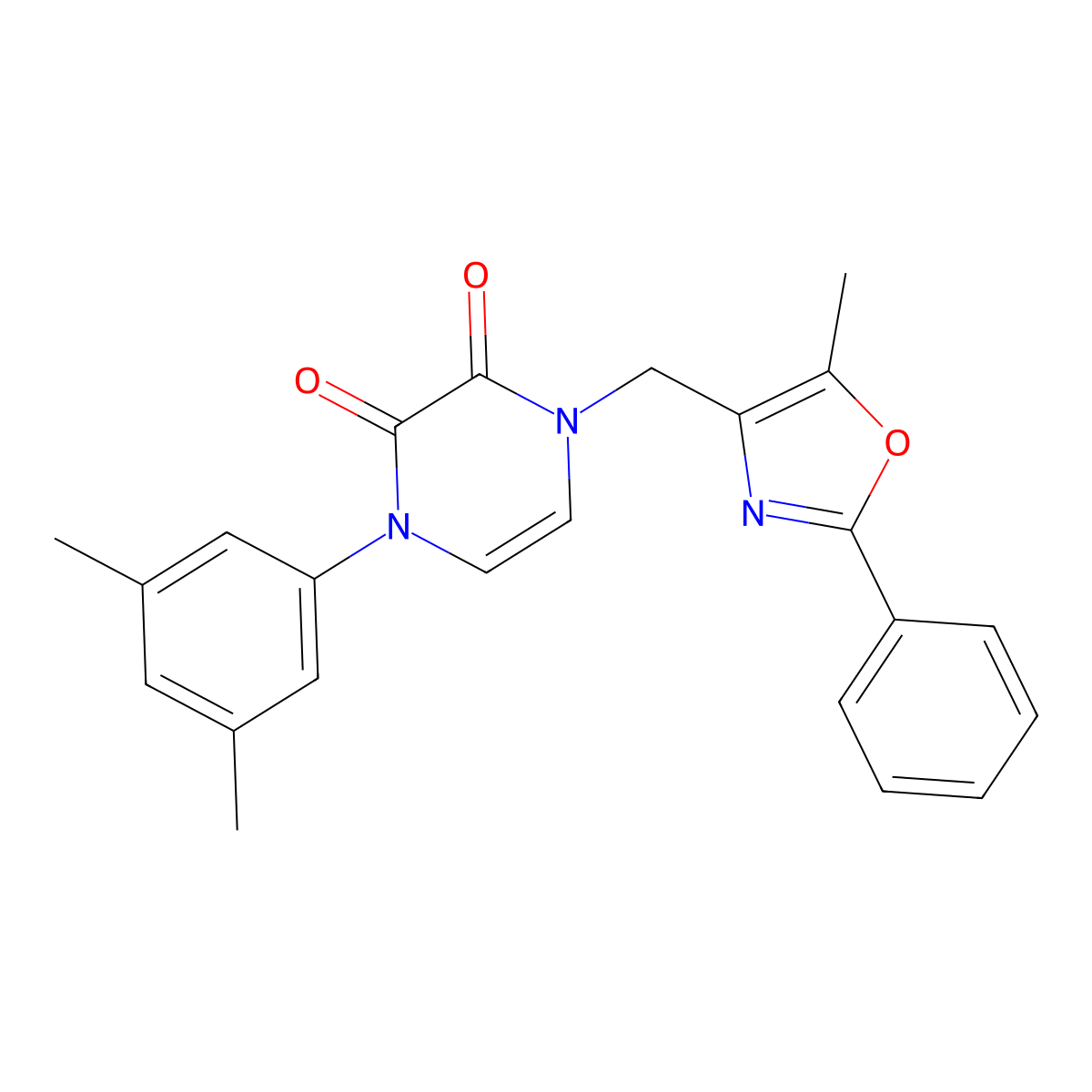 1-(3,5-Dimethylphenyl)-4-[(5-methyl-2-phenyl-1,3-oxazol-4-yl)methyl]-1,2,3,4-tetrahydropyrazine-2,3-dione molecular structure, CAS 1793868-29-7
