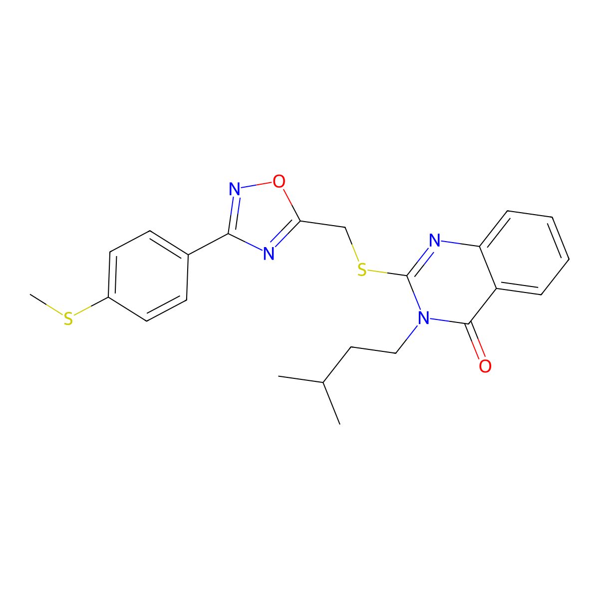 3-isopentyl-2-(((3-(4-(methylthio)phenyl)-1,2,4-oxadiazol-5-yl)methyl)thio)quinazolin-4(3H)-one molecular structure, CAS 1793874-96-0