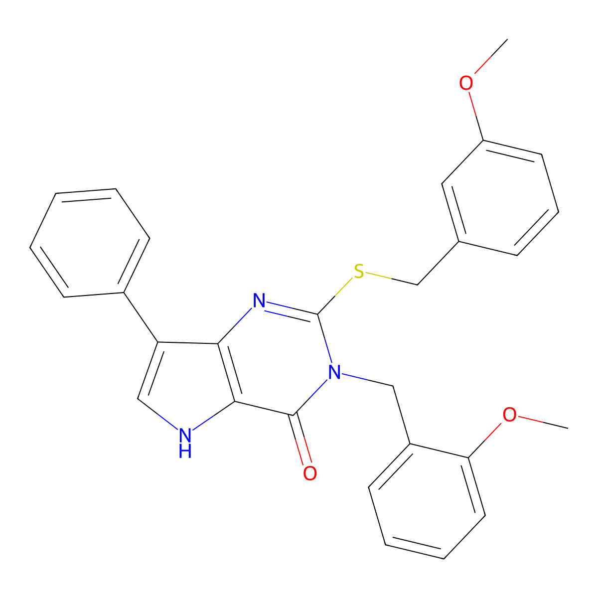 3-(2-methoxybenzyl)-2-((3-methoxybenzyl)thio)-7-phenyl-3H-pyrrolo[3,2-d]pyrimidin-4(5H)-one molecular structure, CAS 1793886-62-0