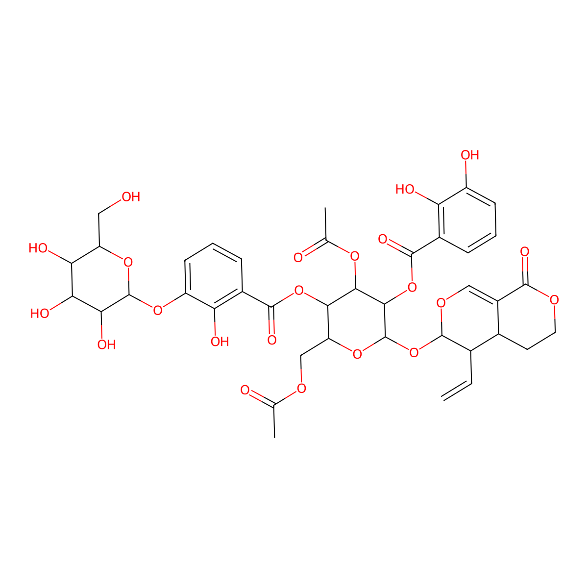 [(2S,3R,4S,5R,6R)-4-acetyloxy-6-(acetyloxymethyl)-2-[[(3S,4R,4aS)-4-ethenyl-8-oxo-4,4a,5,6-tetrahydro-3H-pyrano[3,4-c]pyran-3-yl]oxy]-5-[2-hydroxy-3-[(2S,3R,4S,5S,6R)-3,4,5-trihydroxy-6-(hydroxymethyl)oxan-2-yl]oxybenzoyl]oxyoxan-3-yl] 2,3-dihydroxybenzoate molecular structure, CAS 179457-66-0