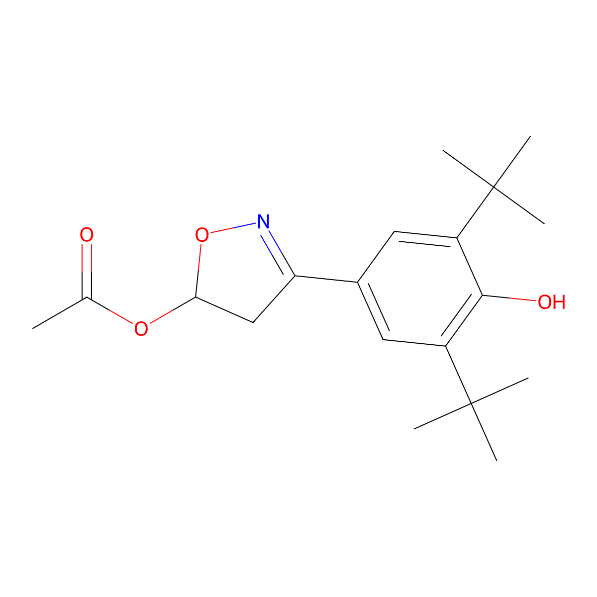 Acetic acid 3-(3,5-di-tert-butyl-4-hydroxy-phenyl)-4,5-dihydro-isoxazol-5-yl ester molecular structure, CAS 179461-35-9