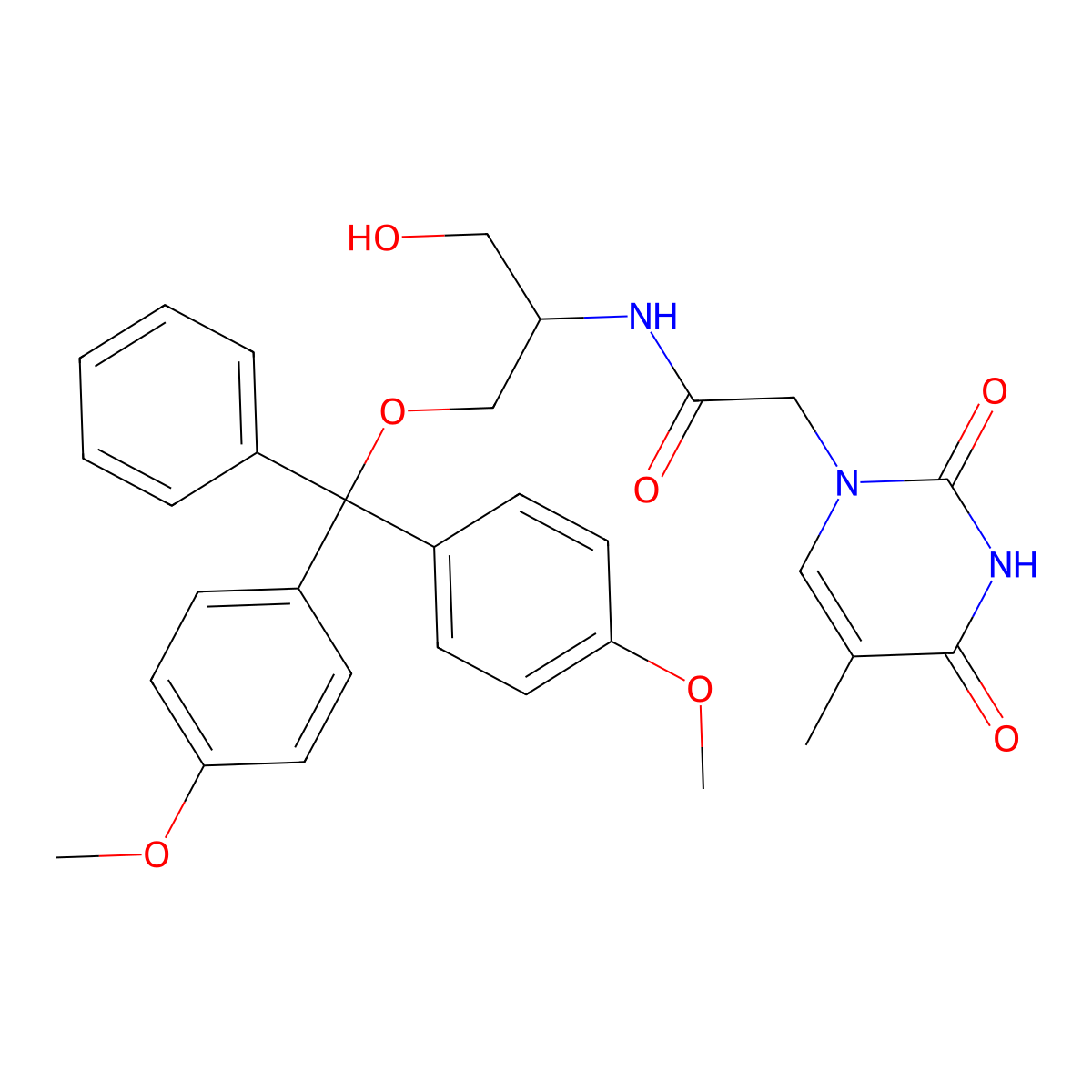 N-[(2R)-1-(bis(4-methoxyphenyl)(phenyl)methoxy)-3-hydroxypropan-2-yl]-2-(5-methyl-2,4-dioxo-1,2,3,4-tetrahydropyrimidin-1-yl)acetamide molecular structure, CAS 179472-03-8