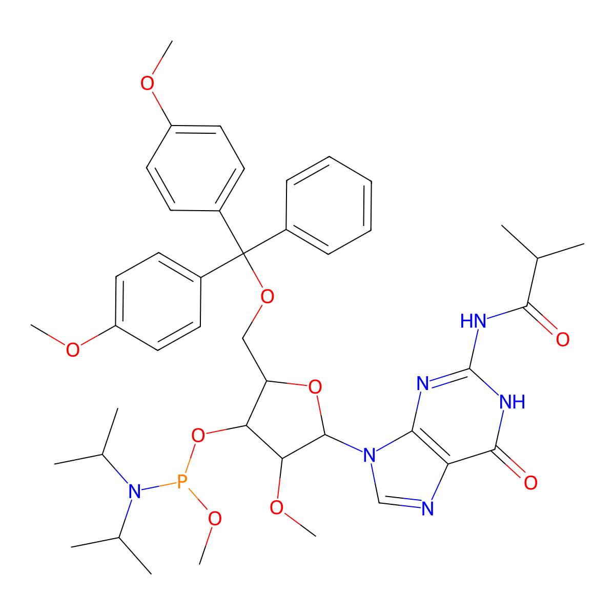 N-[9-[(2R,3R,4R,5R)-5-[[bis(4-methoxyphenyl)-phenylmethoxy]methyl]-4-[[di(propan-2-yl)amino]-methoxyphosphanyl]oxy-3-methoxyoxolan-2-yl]-6-oxo-1H-purin-2-yl]-2-methylpropanamide molecular structure, CAS 179478-96-7