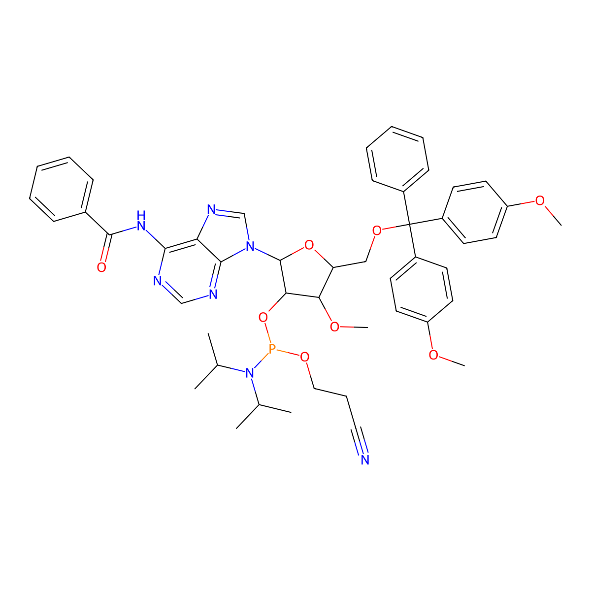 (2R,3R,4R,5R)-2-(6-Benzamido-9H-purin-9-yl)-5-((bis(4-methoxyphenyl)(phenyl)methoxy)methyl)-4-methoxytetrahydrofuran-3-yl (2-cyanoethyl) diisopropylphosphoramidite molecular structure, CAS 179479-02-8