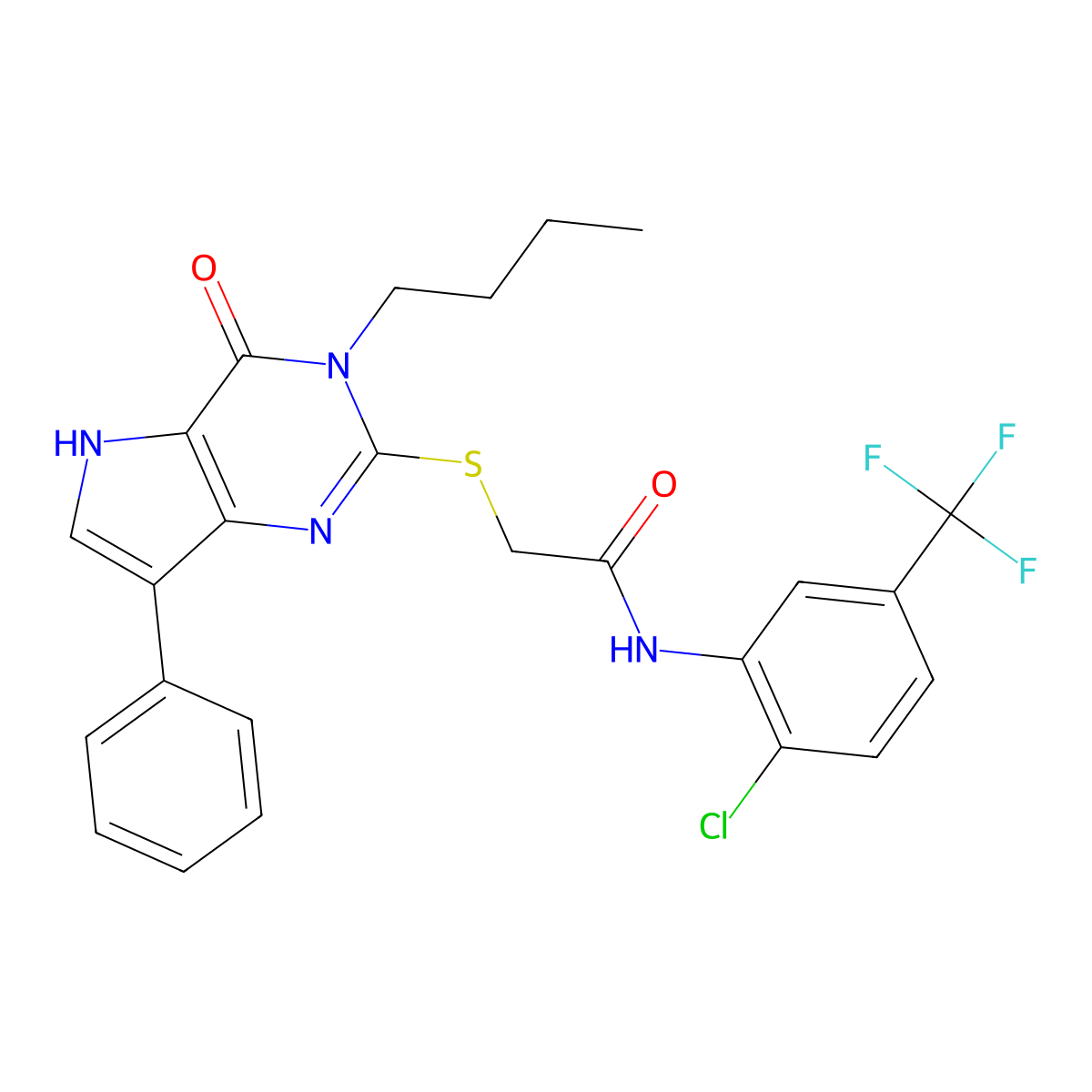 2-((3-butyl-4-oxo-7-phenyl-4,5-dihydro-3H-pyrrolo[3,2-d]pyrimidin-2-yl)thio)-N-(2-chloro-5-(trifluoromethyl)phenyl)acetamide molecular structure, CAS 1794805-51-8