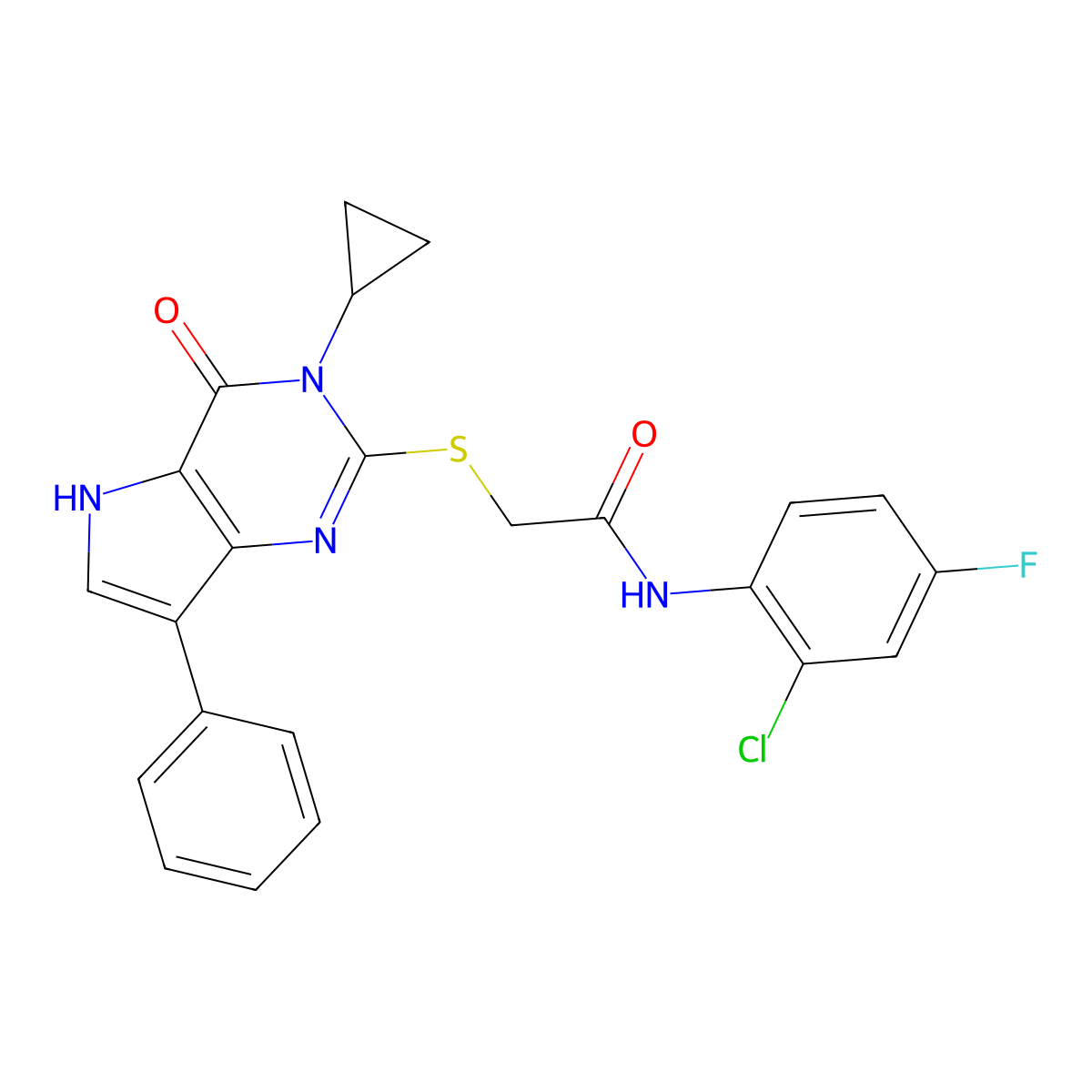 N-(2-chloro-4-fluorophenyl)-2-({3-cyclopropyl-4-oxo-7-phenyl-3H,4H,5H-pyrrolo[3,2-d]pyrimidin-2-yl}sulfanyl)acetamide molecular structure, CAS 1794805-55-2