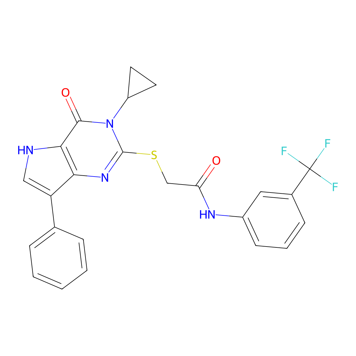 2-((3-cyclopropyl-4-oxo-7-phenyl-4,5-dihydro-3H-pyrrolo[3,2-d]pyrimidin-2-yl)thio)-N-(3-(trifluoromethyl)phenyl)acetamide molecular structure, CAS 1794818-66-8