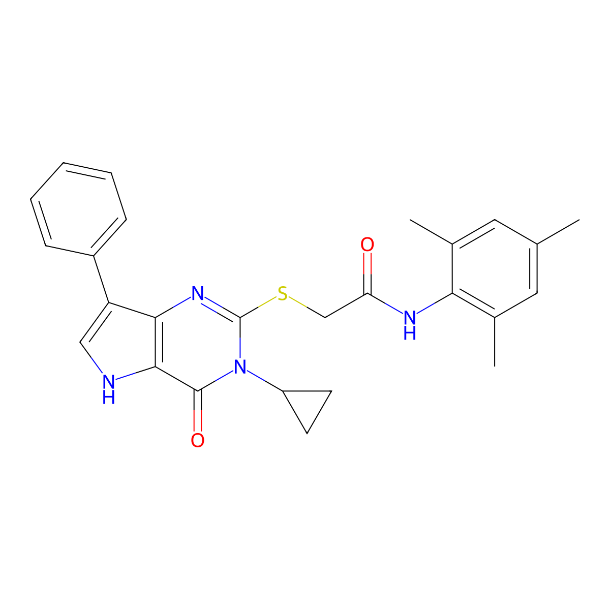 2-((3-cyclopropyl-4-oxo-7-phenyl-4,5-dihydro-3H-pyrrolo[3,2-d]pyrimidin-2-yl)thio)-N-mesitylacetamide molecular structure, CAS 1794829-58-5