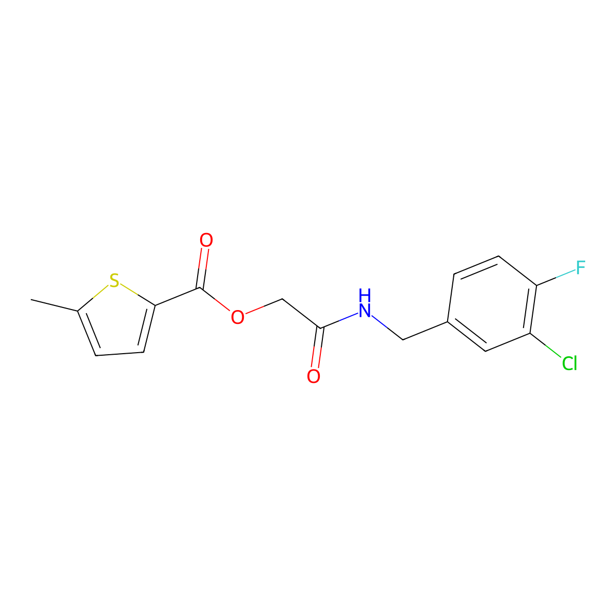 {[(3-Chloro-4-fluorophenyl)methyl]carbamoyl}methyl 5-methylthiophene-2-carboxylate molecular structure, CAS 1794897-63-4