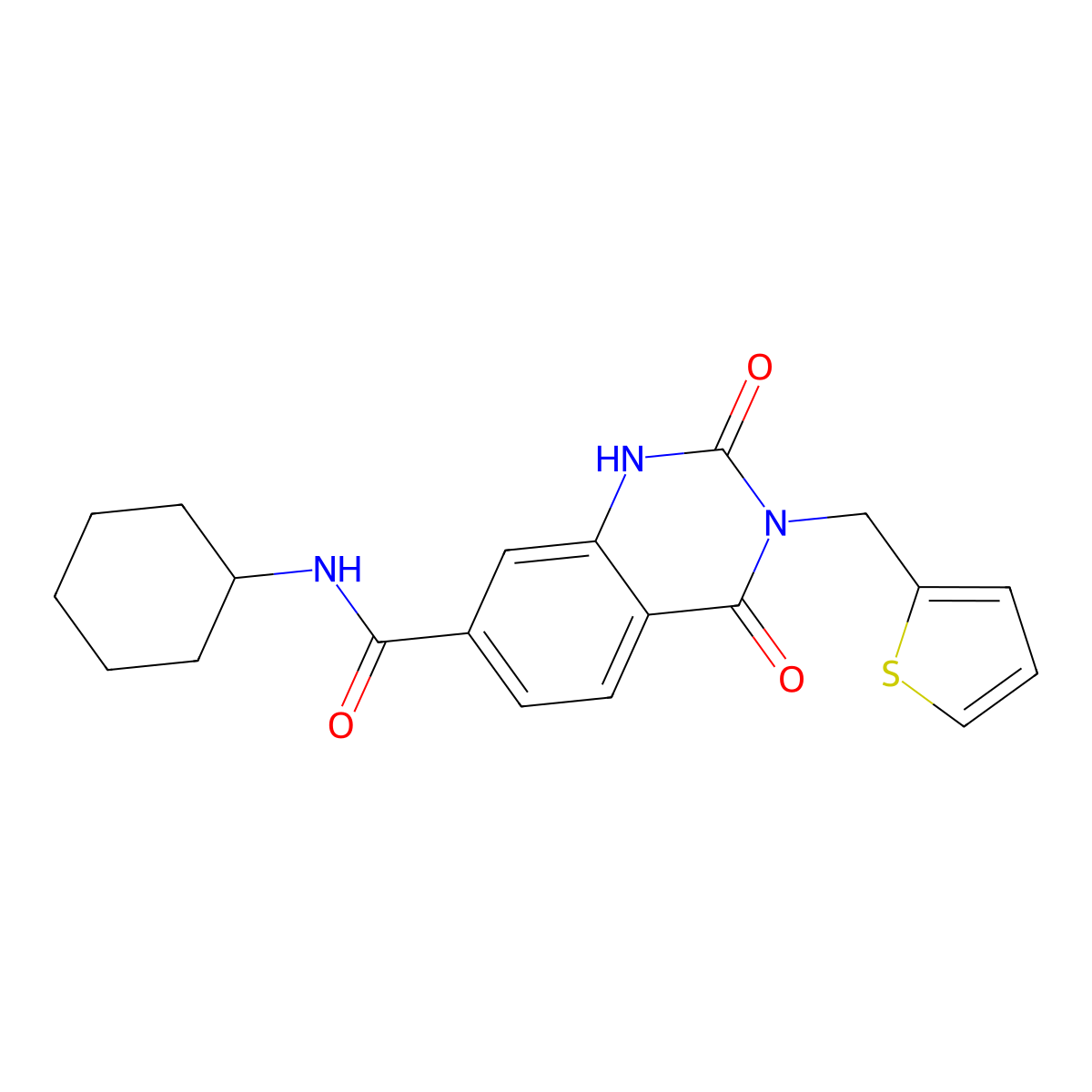 N-cyclohexyl-2,4-dioxo-3-(thiophen-2-ylmethyl)-1,2,3,4-tetrahydroquinazoline-7-carboxamide molecular structure, CAS 1794897-83-8